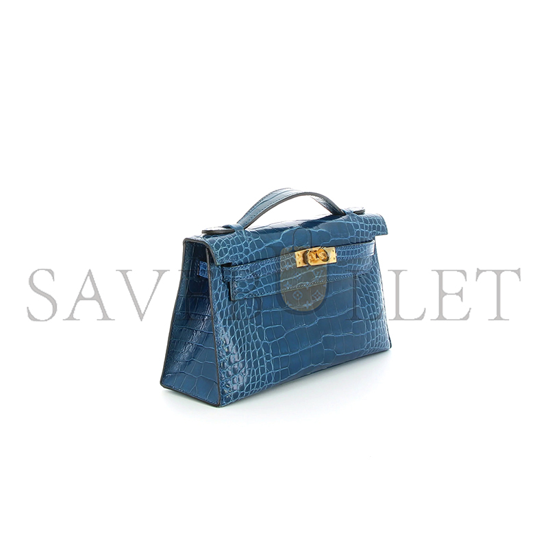 HERMES MASTER KELLY POCHETTE BLEU MYKONOS ALLIGATOR GOLD HARDWARE (22*14*7cm)